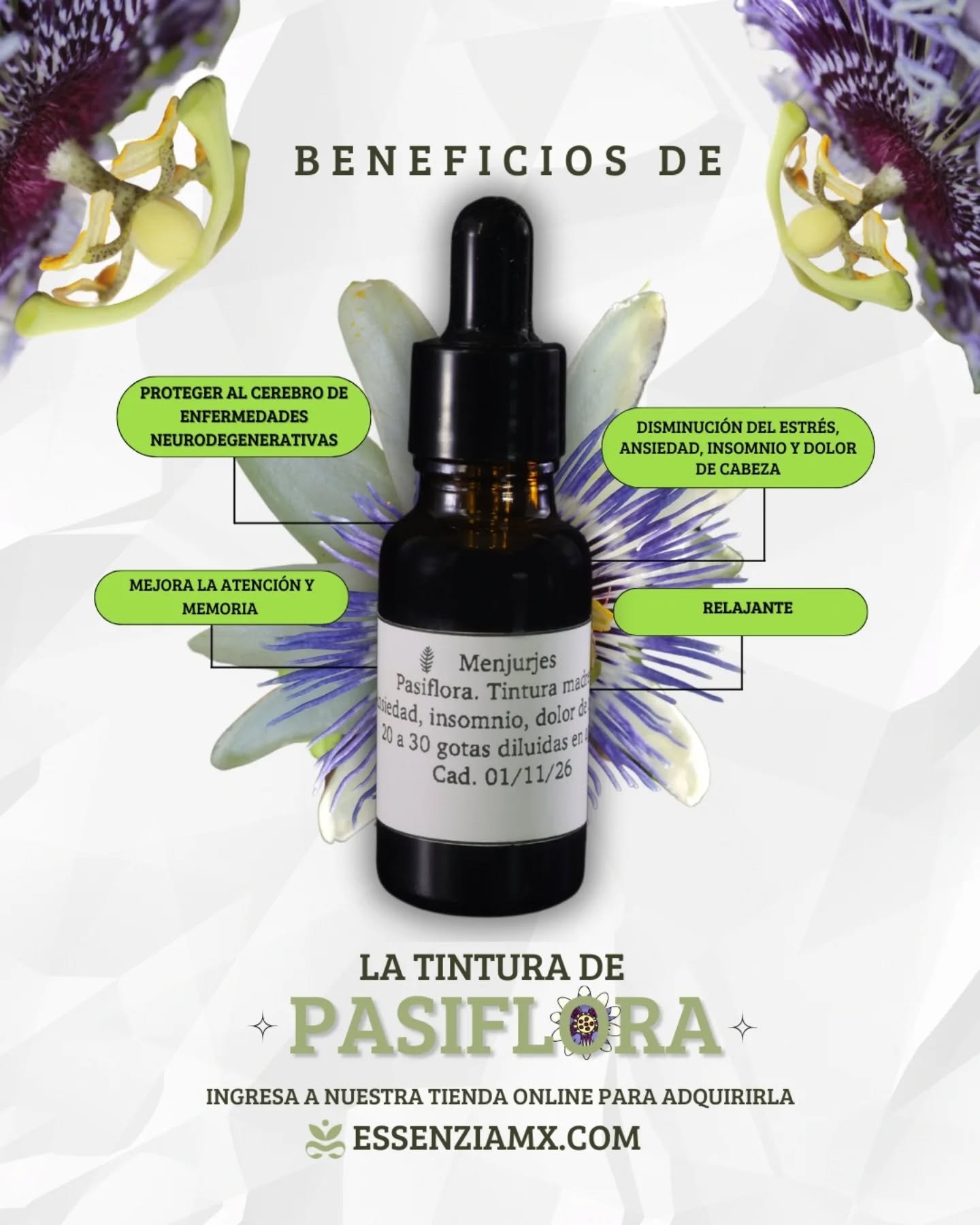 Descubre el secreto ancestral de la pasiflora 🌱
Las tinturas concentran lo mejor de las plantas en gotas💦 fáciles de usar, y la pasiflora es una de las más fascinantes: conocida como “la flor de la pasión”, 💚ha sido utilizada desde tiempos prehispánicos para calmar la mente y relajar el cuerpo. 
Hoy, la ciencia confirma lo que la tradición ya sabía: la pasiflora ayuda a reducir la ansiedad, mejorar el sueño y aliviar el estrés de manera natural. En formato de tintura, su absorción es rápida y potente, preservando todos sus compuestos activos. 

Tintura de Pasiflora“Menjurjes”: calma líquida, bienestar real. Disponible en Essenzia en línea y en nuestra tienda boutique.

@somosmenjurjes #pazinterior #pazmental #equilibrio