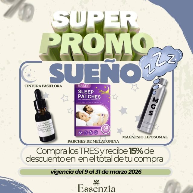 Dormir no es un lujo, es la base de tu salud. A propósito del Mes del Sueño, en Essenzia hemos diseñado una ruta de descanso profundo combinando tres potencias naturales.
Presentamos la PROMO SUEÑO: un sistema integral para quienes buscan recuperar sus noches y despertar con energía real. ¿Qué incluye tu kit de descanso?
🌿 Tintura de Pasiflora: El aliado tradicional para calmar el sistema nervioso antes de dormir.
😴 Parches de Melatonina: Tecnología de liberación prolongada para evitar los despertares nocturnos.
💎 Magnesio: El mineral esencial para la relajación muscular y un sueño reparador.
La oferta que tus noches necesitan: Del 9 al 31 de marzo, al llevarte estos 3 productos juntos, obtienes un 15% de DESCUENTO en el total de tu compra. 
🎟️Porque un buen día comienza la noche anterior. ¡Ven por tu kit a tu tienda boutique Essenzia o en tienda online.
