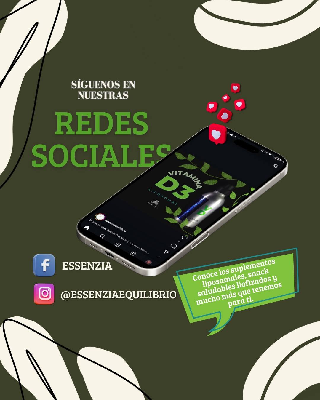 ¿Aún no eres parte de la comunidad Essenzia?
No lo pienses más síguenos en FB e IG para enterarte de lo más nuevo en suplementos liposomales, probioticos, alimentos funcionales, productos naturales y mucho más, para junt@s transitar el camino del #BIENSER
