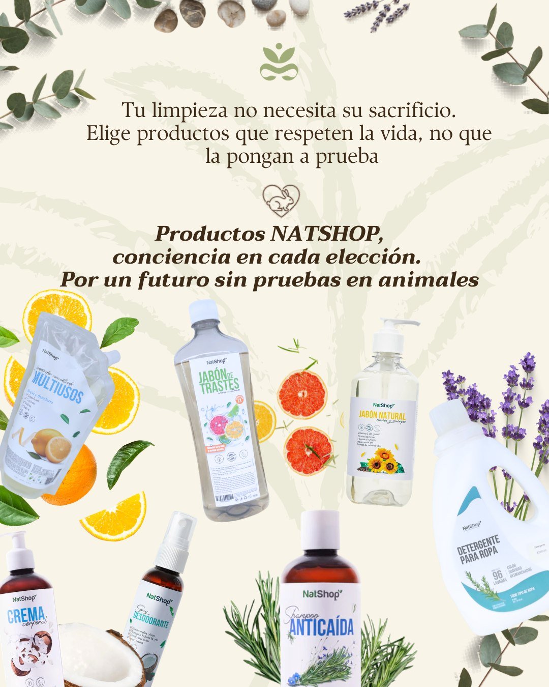 En Essenzia tenemos la convicción de que lo natural es más efectivo y humano. 
Al elegir productos para tu belleza, cuidado personal o de tu hogar que sean naturales, te unes a un movimiento de consumo responsable donde cada acción individual suma al bienestar colectivo. Fórmulas Conscientes: Ingredientes de alta pureza y libres de tóxicos, que no requieren pruebas en animales. 
Cambiemos la huella que dejamos en el planeta. Por ti, por tu familia y por quienes no tienen voz. Sé parte del cambio. Encuentra toda la gama Cruelty-Free de Natshop en tienda Boutique Essenzia o compra en línea y recibe en casa. 🛍️🐰