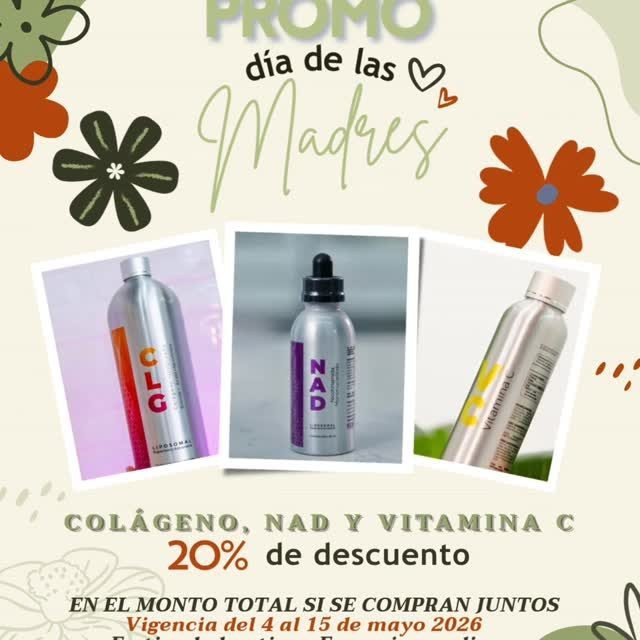 ¿Mamá de las que no paran? 🏃‍♀️
✨ Ella cuida de tod@s, pero ahora toca cuidar su esencia desde la célula hasta la piel.
Te presentamos el Trío Perfecto: 
CLG (Colágeno hidrolizado, ácido hialurónico y biotina), NAD y Vitamina C. 
¿Por qué juntos? Porque la Vitamina C es la "llave" maestra que potencia la absorción del colágeno y maximiza la energía celular del NAD. Es ciencia aplicada a la belleza.

🎁 PROMO DÍA DE LAS MADRES: Llévate los tres con un 20% de descuento en tu monto total. El regalo ideal para la mamá que ama verse y sentirse radiante, por dentro y por fuera. 

✨ ¡Es momento de brillar desde el interior! Vigencia del 4 al 15 de mayo 2026 en tu tienda boutique Essenzia o en línea. 

#MesMamá #Promo #RedescubreEquilibrio #BienSer