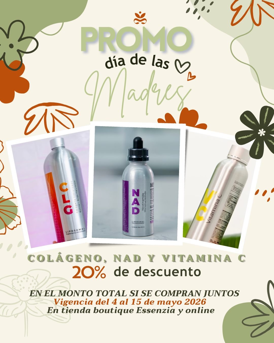 Feliz Día de las Madres a todas nuestras guerreras, guías y fuente eterna de inspiración! ❤️
✨ Hoy celebramos la vida de quienes nos enseñaron que la verdadera belleza nace del cuidado y del amor propio. 

Sabemos que hoy te han consentido mucho, pero seamos honestas... ¿el regalo que recibiste hoy potencia tus células y te hace brillar por dentro y por fuera? 🤔Si la respuesta es "no exactamente", ¡no te preocupes!, aún estás muy a tiempo de darte (o pedir) ese REGALAZO que realmente mereces: Nuestro Trío Perfecto (CLG + NAD + Vitamina C).✨

 ¿Por qué este es el mejor regalo? Porque no es solo un producto, es vitalidad. Al combinar el Colágeno y el NAD con la Vitamina C, estás dándole a tu cuerpo la herramienta perfecta para que todo se absorba y funcione al máximo nivel.

Todavía tienes oportunidad:🎁 20% DE DESCUENTO en el trío completo.🗓️ Promoción vigente hasta el 15 de mayo 2026.

📍 Encuéntralos en nuestra tienda física o pídela ahora. https://essenziamx.com/product/clg-liposomal/ 
Mamá, hoy es tu día, pero tu bienestar es para siempre. ¡Consiéntete con salud celular! 🥂💊