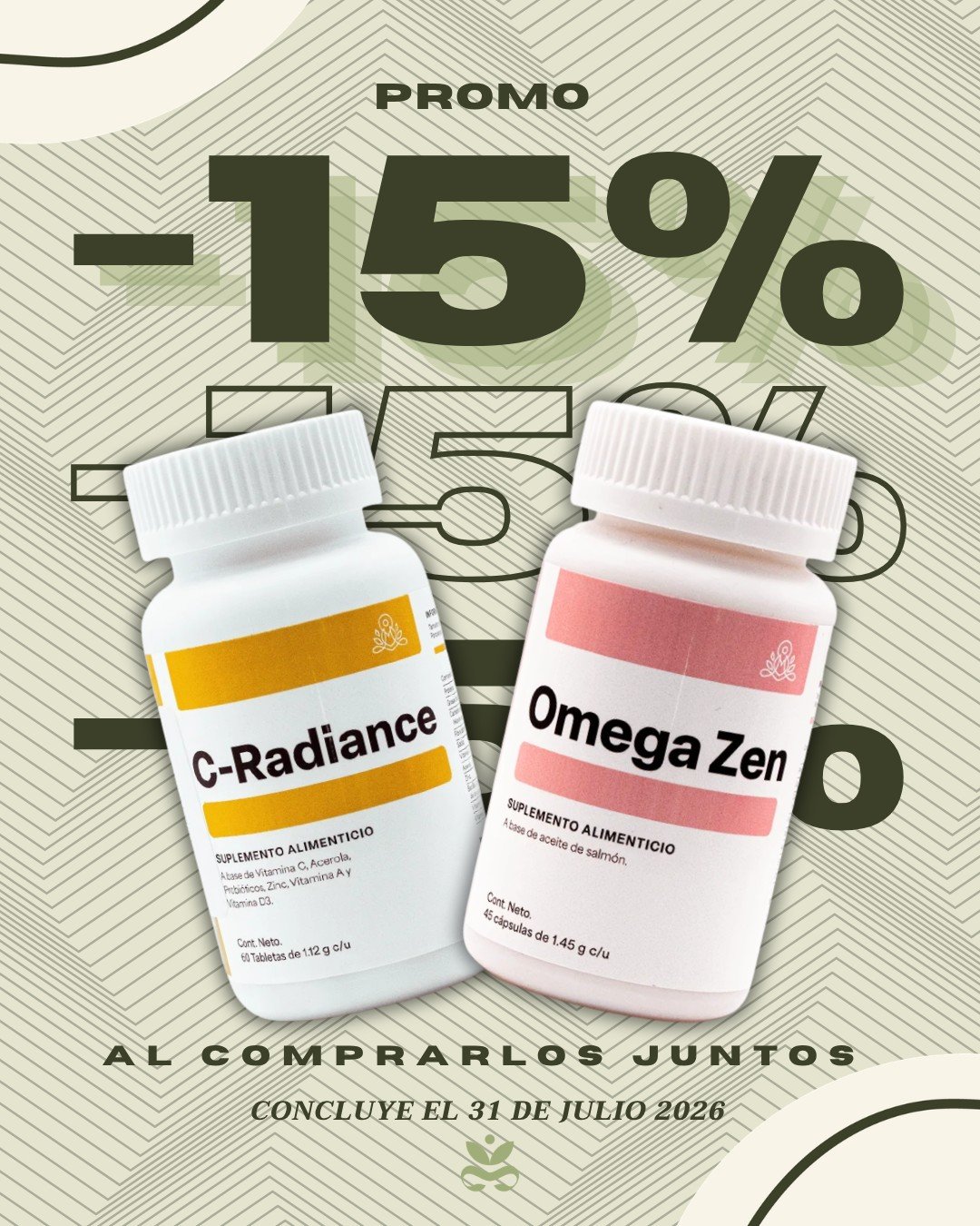 ⏰ ¡El tiempo se acaba! Dale a tu mente y cuerpo el equilibrio que necesitan. ⏳✨Cuidar tu mente es parte fundamental de tu salud integral, pero esta oportunidad de darle un upgrade a tu bienestar está por vencer. Asegura el equilibrio total con nuestro Combo C-RADIANCE + OMEGA ZEN:
🧠 Omega Zen (Omega 3): Potencia tu salud cerebral, mejora la memoria, reduce la ansiedad y protege tu corazón con el poder del aceite de salmón (EPA/DHA).
🛡️ C-Radiance: Refuerza tus defensas, estimula la producción de colágeno y protege tus huesos con vitaminas (A, C, D3) y probióticos.🚨 ¡ÚLTIMAS HORAS! Llévate el dúo dinámico con un 15% de DESCUENTO al comprarlos juntos.📅 Promoción válida únicamente hasta el 31 de julio.🛒 No esperes a que se terminen: pídelos en línea o visítanos hoy mismo en Tienda Boutique Essenzia.
*No es un medicamento. Consulta a tu médico.