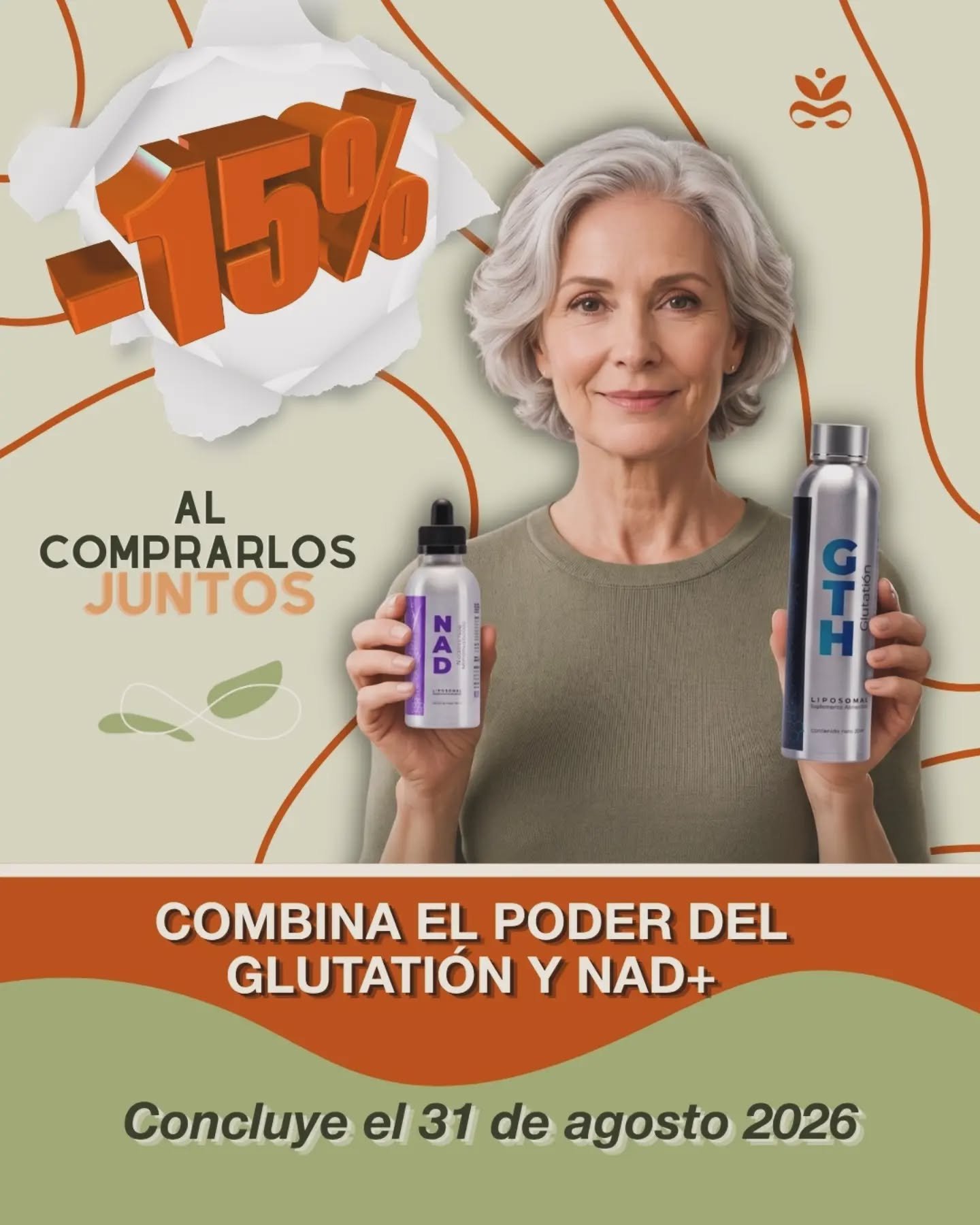 ¡Doble protección y energía para tus células! Celebrando el Mes de las Personas Adultas Mayores en Essenzia, combina el poder del NAD y el GTH (Glutatión) liposomales.
• NAD: Apoya la producción de energía y el rendimiento mitocondrial.
• GTH: Protege tus células contra el estrés oxidativo y el desgaste.
Juntos apoyan un envejecimiento activo, vital y saludable. Llévalos en paquete con 15% DE DESCUENTO. Válido solo hasta el 31 de agosto de 2026. Haz tu pedido hoy y cuida tu salud celular en #Essenzia.