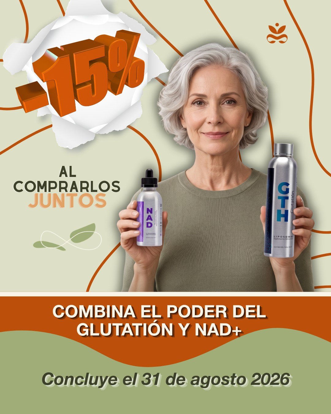 DÚO SALUD CELULAR Y ENERGÍA ⚡🛡️
15% DE DESCUENTO al comprar GTH (Glutatión) + NAD⁺ liposomales• NAD⁺: Energía y vitalidad celular.
• Glutatión: Escudo antioxidante contra el envejecimiento.Celebrando el Mes de las Personas Adultas Mayores en #Essenzia.
🗓️ ¡HOY ÚLTIMO DIA DE PROMOCIÓN! NO LA DEJES PASAR. 🔊