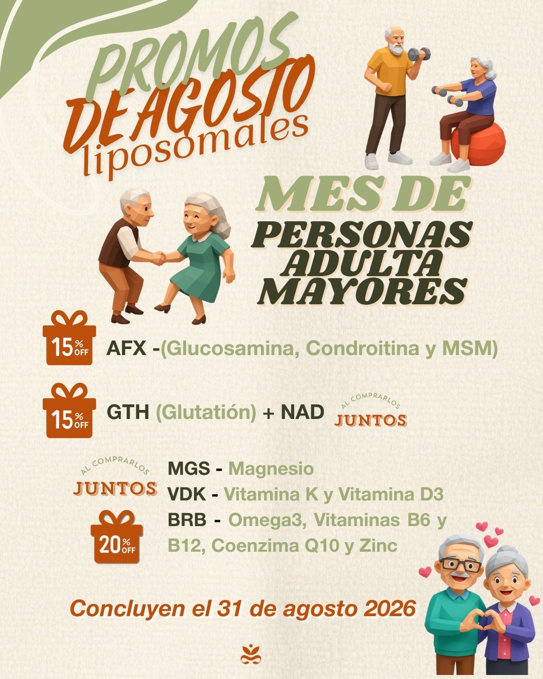 En el Día de las Personas Adultas Mayores celebramos la trascendencia de quienes, a través de su esfuerzo, su trabajo diario y la sabiduría que dan los años, han construido el presente de nuestra sociedad. Su verdadero legado no depende de títulos ni de roles familiares, sino de la huella imborrable que deja cada una de sus experiencias.
Porque su historia nos inspira en #Essenzia dedicamos todo agosto a cuidar su salud y vitalidad. ⏳ ¡Últimos días de promociones especiales en artículos seleccionados de nuestra línea liposomal! La tecnología de alta absorción que su cuerpo necesita para seguir disfrutando cada día con plena energía.
👉 Visita nuestra página web y aprovecha las PROMOS antes de que termine el mes.#DíaDeLasPersonasAdultasMayores #TrascendenciaYLegado #SuplementaciónLiposomal #SaludYBienestar #RedescubreEquilibrio #BienSer