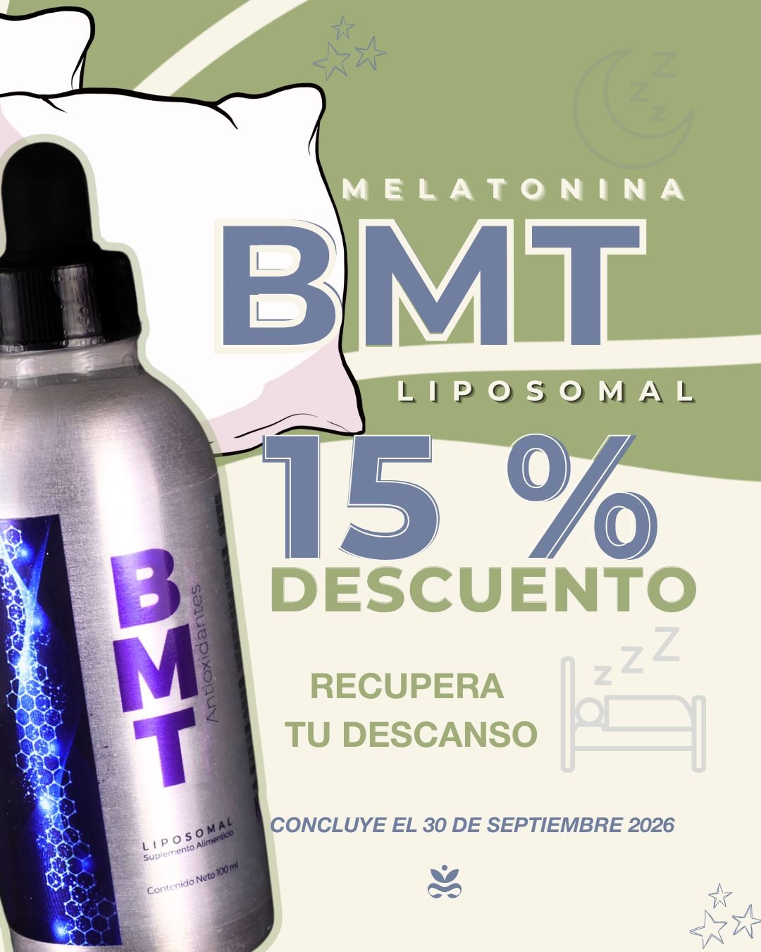 ¡Empieza septiembre transformando tus noches! 🌙✨
Este mes, aprovecha 15% de descuento exclusivo en BMT Liposomal en Essenzia Online y Tienda.
La melatonina, potenciada con extractos naturales de cereza negra y arándano, induce la relajación y promueve un descanso profundo.
¿Por qué elegirlo?
🛏Sueño reparador: Regula el ritmo circadiano y combate el insomnio.
🛡Escudo antioxidante: Refuerza las defensas y la salud cardiovascular.
⚖Equilibrio digestivo y metabólico: Protege la mucosa gastrointestinal y apoya el control del gasto energético.🌝Comienza el mes cuidando tu energía desde la primera noche. 🛒🛒*No es un medicamento. Consulta a tu médico.