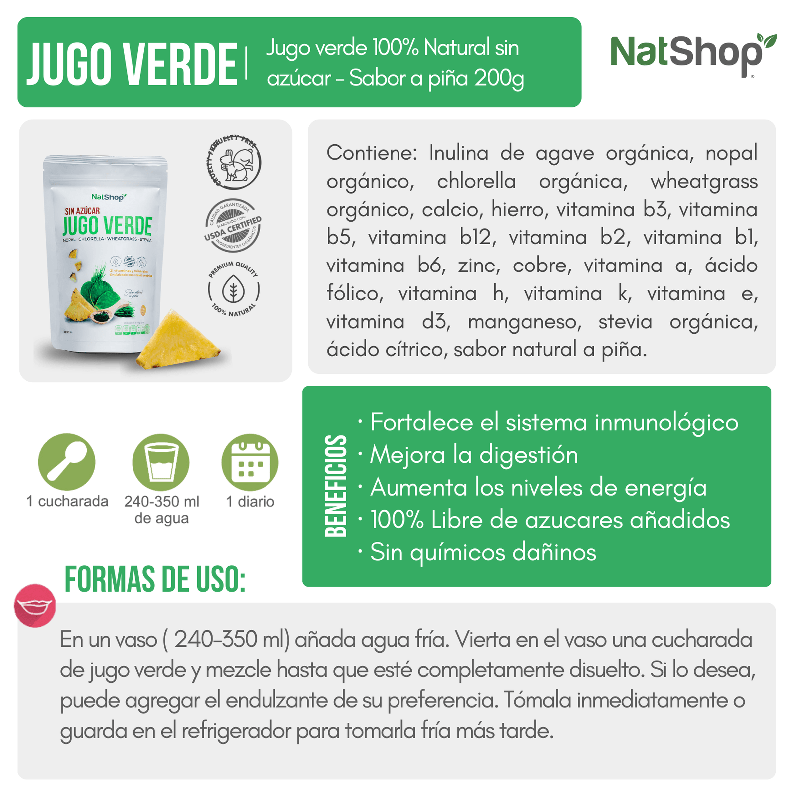 Jugo verde 100 % natural sin azúcar, sabor a piña - Image 3
